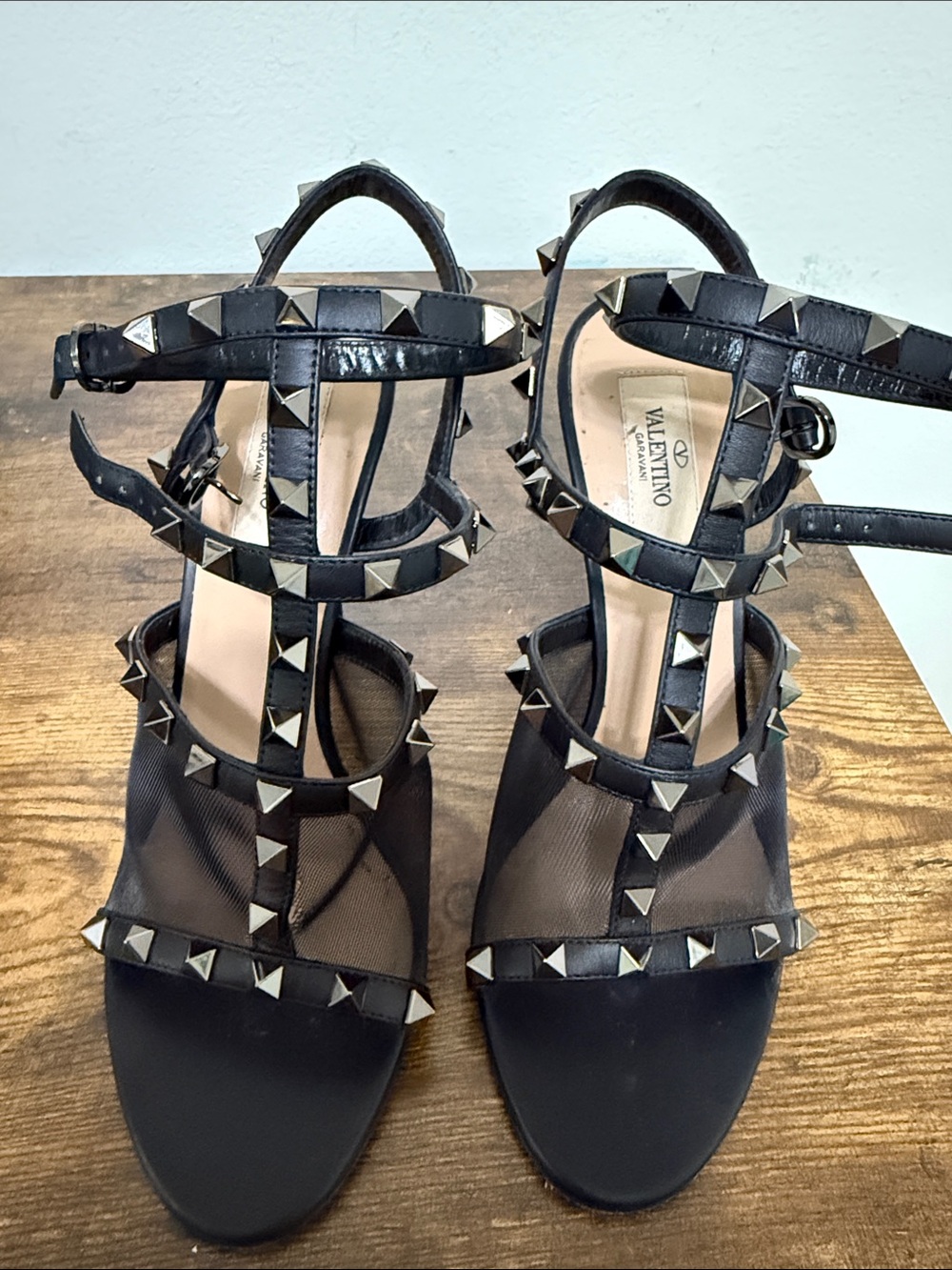 Valentino Black Studded T-Strap Mesh Heels